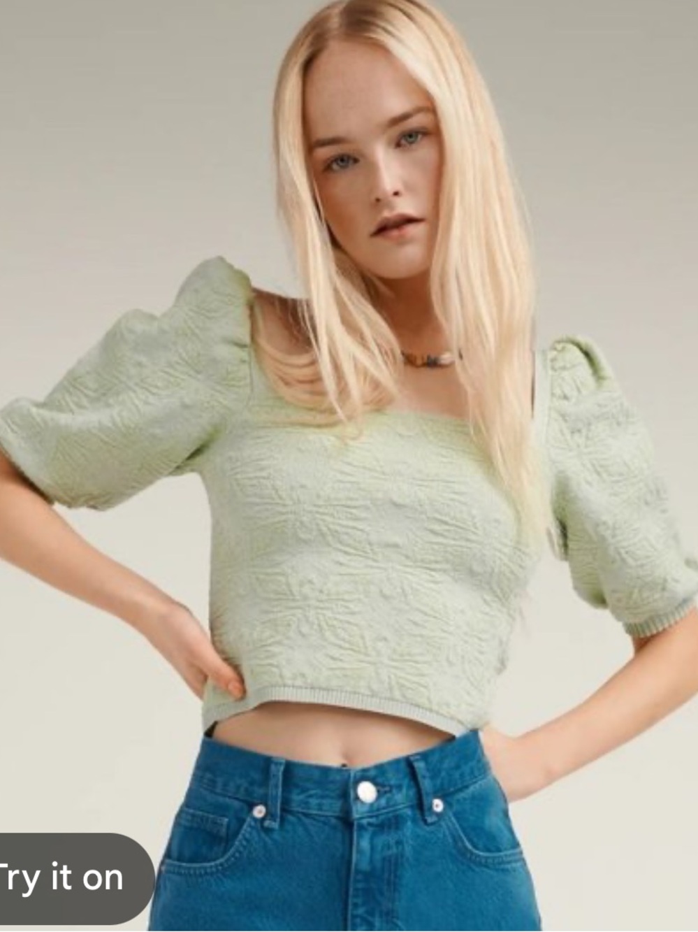 Zara Pastel Green Jacquard Cropped Puff-Sleeve Top